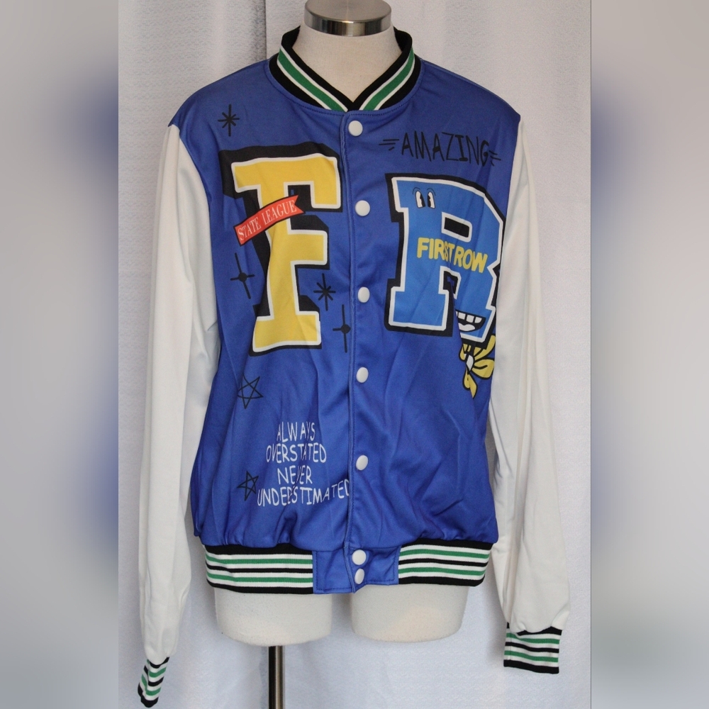 Women’s 1XL Graphic Letterman Style Jacket Blue White Button Up - Picture 3 of 7